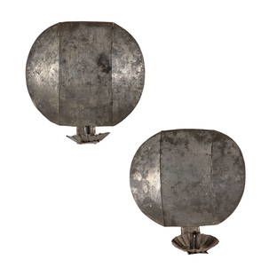 PAIR OF PEWTER WALL SCONCES 19th Century Heights 10.5".: PAIR OF PEWTER WALL SCONCES19th CenturyMelon-shaped backplates. Candle cups with piecrust edge.Heights 10.5". Provenance:The Collection of Martha Hamilton.