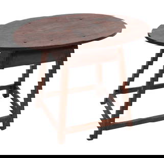EARLY TAVERN TABLE 18th Century or Earlier Height 23". Top 32" x 19.5".: EARLY TAVERN TABLE18th Century or EarlierDark red finish. Long oval top nailed to a simple splayed base, the square legs joined by a box stretcher. Stretchers worn from resting feet.Height 23". Top 32