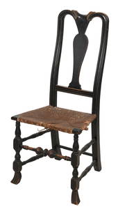 EBONIZED QUEEN ANNE RUSH-SEAT SIDE CHAIR 18th Century Back height 41". Seat height 18".: EBONIZED QUEEN ANNE RUSH-SEAT SIDE CHAIR18th CenturyBack with a yoke-shaped carved crest rail and vasiform splat. Bold block and turned front legs end in Spanish feet and are joined by a turned stretc