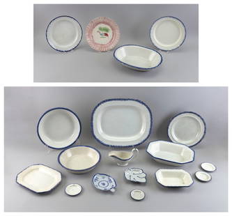 COLLECTION OF BLUE FEATHER-EDGE CREAMWARE Early 19th Century: COLLECTION OF BLUE FEATHER-EDGE CREAMWAREEarly 19th CenturyConsists of:1 leaf-form footed dish1 sauceboat2 octagonal serving bowls, lengths 8.5" and 12.5"1 octagonal tray, length 10.5"1 oval ser
