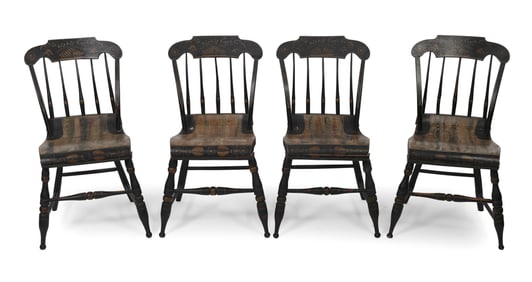 SET OF FOUR GREEK REVIVAL PAINT- AND STENCIL-DECORATED SIDE CHAIRS New England, Circa 1830 Back