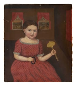 AMERICAN SCHOOL (19th Century,), Portrait of a little girl wearing a red dress and holding toys.,