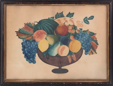 AMERICAN SCHOOL (19th Century,), Theorem painting "A Sister's Offering", depicting a compote of