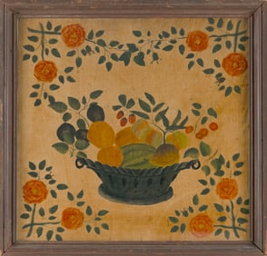 AMERICAN SCHOOL (19th Century,), Theorem painting of a basket of fruit enclosed within floral