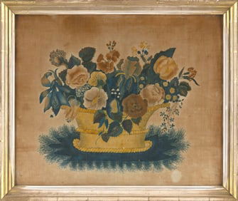 AMERICAN SCHOOL (19th Century,), Theorem painting of a basket of flowers., Watercolor and ink on