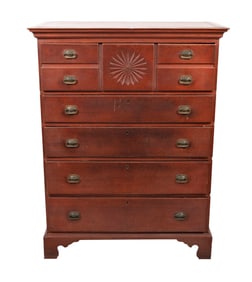RED-WASHED BIRCH TALL CHEST New Hampshire, Circa 1815 Height 53". Width 39.25". Depth 19.25".