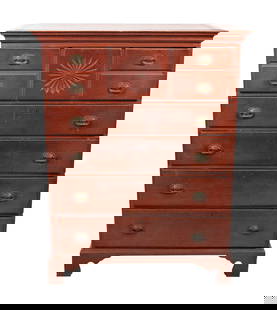 RED-WASHED BIRCH TALL CHEST New Hampshire, Circa 1815 Height 53". Width 39.25". Depth 19.25".: RED-WASHED BIRCH TALL CHESTNew Hampshire, Circa 1815Coved molded flaring cornice above five thumb-molded drawers. Deep top drawer simulates five, the central with a deeply carved pinwheel. Four gradua