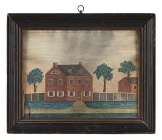 AMERICAN SCHOOL (19th Century,), View of a red brick colonial home with attic dormers and an arched
