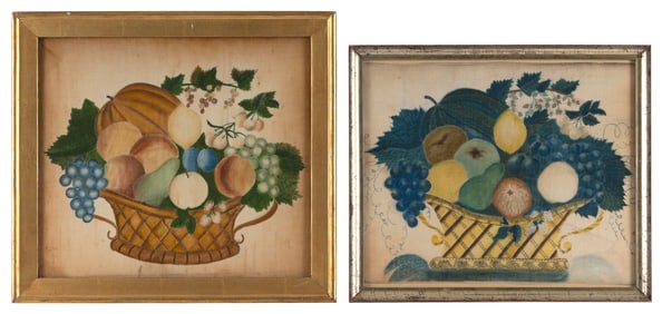 AMERICAN SCHOOL (19th Century,), Two theorem paintings of baskets of fruit., Watercolors and ink on