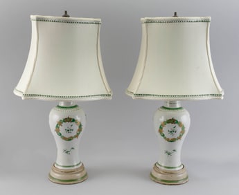 PAIR OF CHINESE EXPORT FAMILLE VERTE PORCELAIN MEIPING VASES 19th Century Total heights 22".