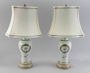 PAIR OF CHINESE EXPORT FAMILLE VERTE PORCELAIN MEIPING VASES 19th Century Total heights 22".: PAIR OF CHINESE EXPORT FAMILLE VERTE PORCELAIN MEIPING VASES19th CenturyDecoration of scattered butterflies, flower blossoms and leaves surround wreaths. Gilt highlights. Mounted as table lamps and af