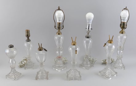 EIGHT CLEAR GLASS LAMPS WITH BLOWN FONTS 19th Century Heights to collars from 8.5" to 12".
