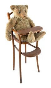 BENTWOOD CANE-SEAT DOLL'S HIGH CHAIR WITH STEIFF BEAR 20th Century Chair back height 24.5". Bear