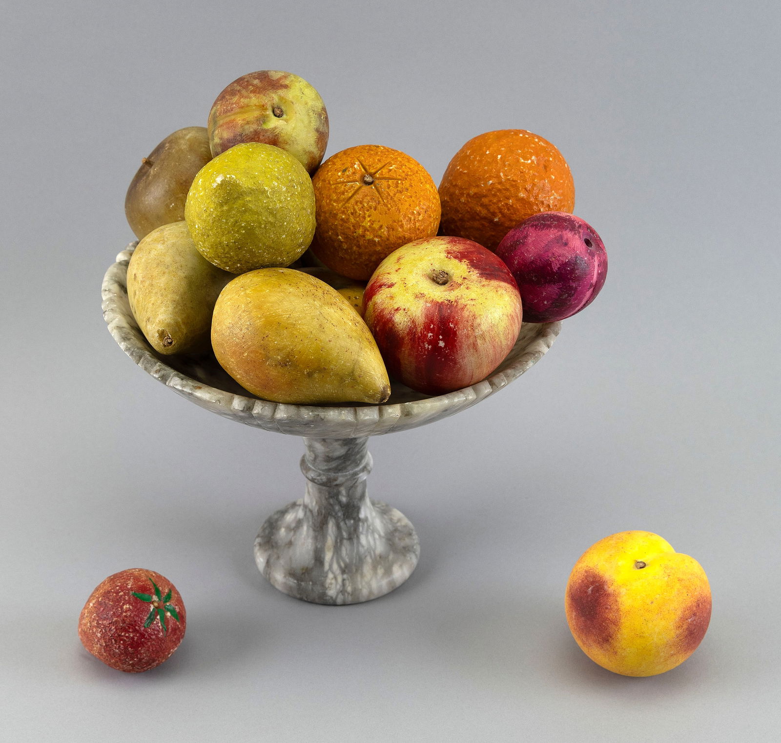 COLLECTION OF STONE FRUIT IN A MARBLE COMPOTE 19th and 20th Century Compote height 6.5". (1 of 1)