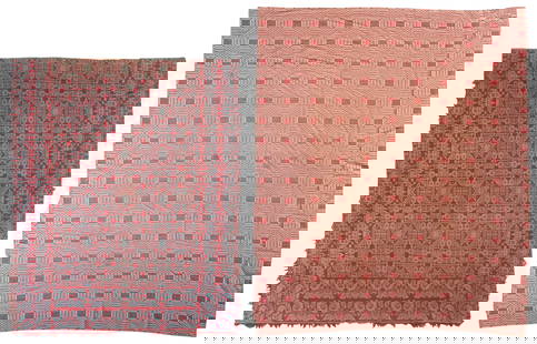 TWO COVERLETS: TWO COVERLETS1) 19th Century overshot with red and blue design of roses, pinwheels and manor houses. Approx. 84" x 100".2) Mid-20th Century Goodwin Guild in a red and white grid design. Retains "Woven