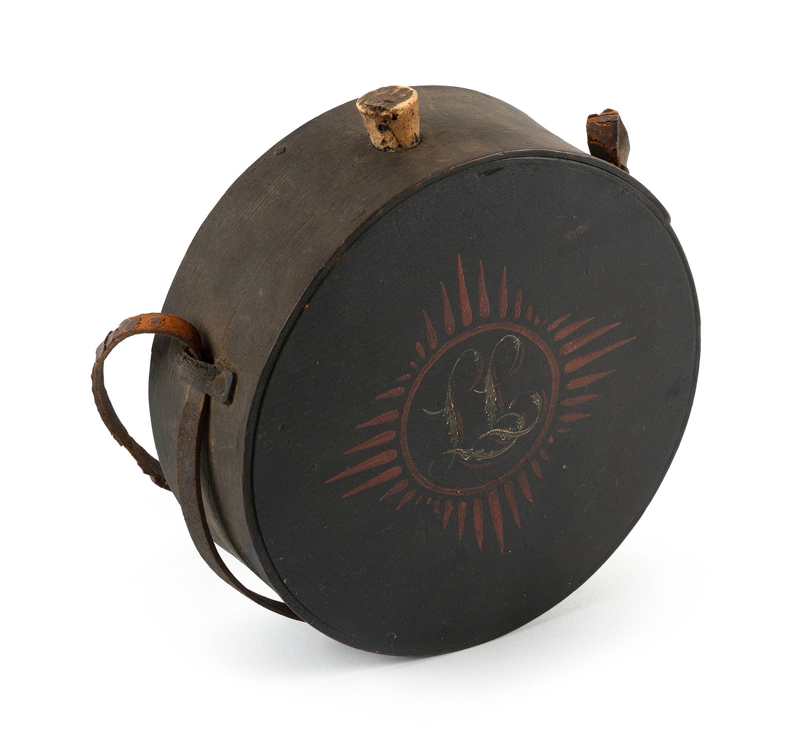 HAND-PAINTED WOODEN CANTEEN Hingham, Massachusetts, 19th Century Diameter 7.25".