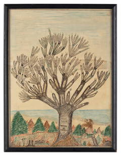 WATERCOLOR FAMILY TREE FOR JAMES WHITON Hingham, Massachusetts, 19th Century 15.25" x 11.25" sight.: WATERCOLOR FAMILY TREE FOR JAMES WHITONHingham, Massachusetts, 19th CenturyTrunk marked "James Whiton Settled in Hingham 1647". Unsigned but attributed to Isaac Sprague (Hingham, Massachusetts, 1811-1