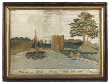 HISTORICALLY IMPORTANT DERBY SCHOOL PICTORIAL NEEDLEWORK Hingham, Massachusetts, 18th Century 10.5"