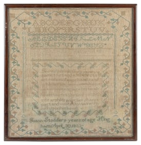 NEEDLEWORK SAMPLER WROUGHT BY JOANN STODDER, LIKELY DERBY ACADEMY Hingham, Massachusetts, 1823 16.5"