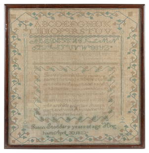 NEEDLEWORK SAMPLER WROUGHT BY JOANN STODDER, LIKELY DERBY ACADEMY Hingham, Massachusetts, 1823 16.5": NEEDLEWORK SAMPLER WROUGHT BY JOANN STODDER, LIKELY DERBY ACADEMYHingham, Massachusetts, 1823Rows of alphabets above the verse "Jesus permit thy gracious name to stand as the first efforts of an infan