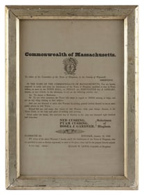 COMMONWEALTH OF MASSACHUSETTS BROADSIDE 12" x 8" sight. Framed 14" x 10".