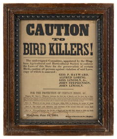 "CAUTION TO BIRD KILLERS!" BROADSIDE 13.75" x 10.75" sight. Framed 18.25" x 15.25".