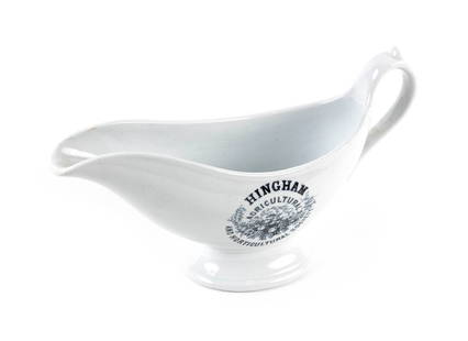 HINGHAM AGRICULTURAL AND HORTICULTURAL SOCIETY GRAVY BOAT Circa 1867 Length 10".: HINGHAM AGRICULTURAL AND HORTICULTURAL SOCIETY GRAVY BOATCirca 1867Length 10". Provenance:The Peter and Judi Hersey Collection of Hingham, Massachusetts History.Notes:The Hingham Agricultural