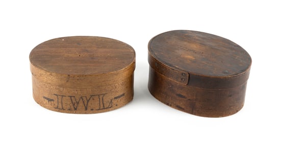 TWO HINGHAM PANTRY BOXES Massachusetts, 19th Century Heights 2.75". Lengths 6".
