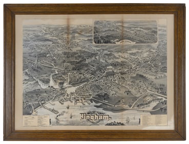GEORGE H. WALKER & CO. BIRD'S-EYE MAP OF HINGHAM 26.75" x 35.5" sight. Framed 30.75" x 40.5".