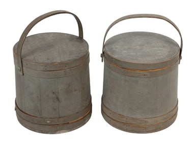 RARE MATCHED PAIR OF C. WILDER & SON GRAY PAINTED FIRKINS Hingham, Massachusetts, 19th Century