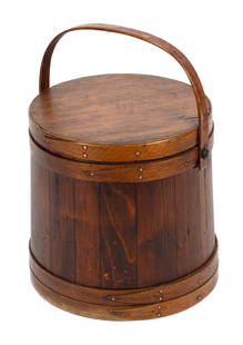 VERY LARGE C. WILDER & SON FIRKIN Hingham, Massachusetts, 19th Century Height 14.5". Diameter 14".: VERY LARGE C. WILDER & SON FIRKINHingham, Massachusetts, 19th CenturyBrown stained finish. Faintly stamped on lid.Height 14.5". Diameter 14". Provenance:The Peter and Judi Hersey Collection of Hingham