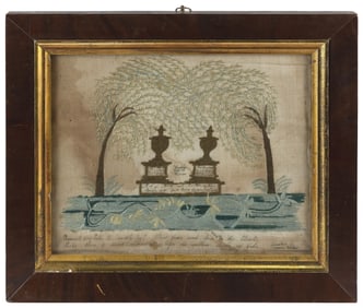 NEEDLEWORK MEMORIAL FOR MARY AND MARTHA WILDER Early 19th Century 10" x 12.5" sight. Framed 14" x