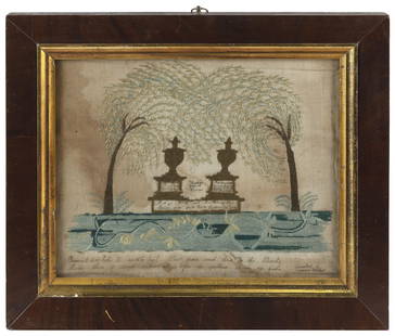 NEEDLEWORK MEMORIAL FOR MARY AND MARTHA WILDER Early 19th Century 10" x 12.5" sight. Framed 14" x: NEEDLEWORK MEMORIAL FOR MARY AND MARTHA WILDEREarly 19th CenturyWeeping willows arch over twin monuments inscribed in ink. Mary and Martha Wilder were twins born October 15, 1802, and both died in inf