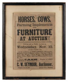 "HORSES, COWS, FARMING IMPLEMENTS AND FURNITURE AT AUCTION!" BROADSIDE 15" x 11" sight. Framed 21" x