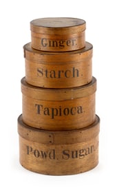 GRADUATED SET OF FOUR JAMES STOCKBRIDGE LEWIS LABELED PANTRY BOXES Hingham, Massachusetts, 19th