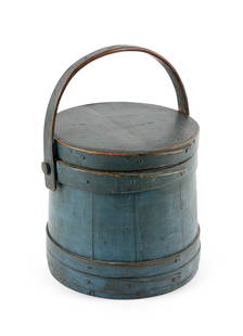 NELSON CORTHELL BLUE PAINTED FIRKIN Hingham, Massachusetts, 19th Century Height 7.25". Diameter 7".: NELSON CORTHELL BLUE PAINTED FIRKINHingham, Massachusetts, 19th CenturyPartial "N. Corthell Hingham" stamp on lid.Height 7.25". Diameter 7". Provenance:The Estate of Sandra Moran, Cape Cod, Massachuse