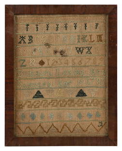 HISTORIC NEEDLEWORK SAMPLER WROUGHT BY ELIZABETH LORING Hingham, Massachusetts, Dated 1783 9" x 7": HISTORIC NEEDLEWORK SAMPLER WROUGHT BY ELIZABETH LORINGHingham, Massachusetts, Dated 1783Rows of alphabets and numerals above "Elizabeth Loring Her Sampler Age 9 1793". Several decorative borders. Sti