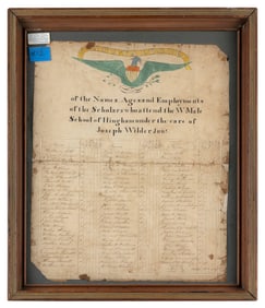 *** SCARCE HINGHAM SCHOOL RECORD Hingham, Massachusetts, Dated 1827 16.75" x 13.5" sight. Framed 20"