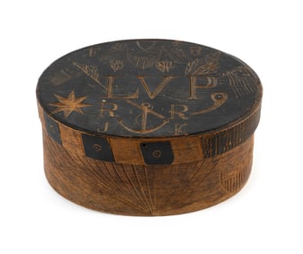 RARE AND IMPORTANT BELA SPRAGUE PANTRY BOX WITH PATRIOTIC DECORATION Hingham, Massachusetts, 19th