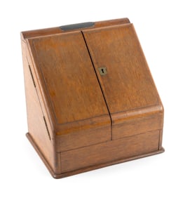 SEA CAPTAIN'S OAK WRITING DESK WITH PRESENTATION PLAQUE Dated 1869 Height 12.5". Width 13". Depth