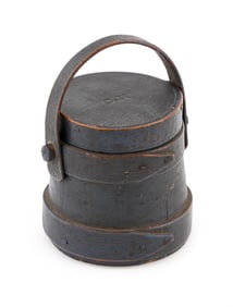 EXCEPTIONAL COTTON HERSEY MINIATURE BLUE PAINTED FIRKIN Hingham, Massachusetts, Mid-19th Century
