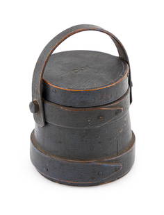 EXCEPTIONAL COTTON HERSEY MINIATURE BLUE PAINTED FIRKIN Hingham, Massachusetts, Mid-19th Century: EXCEPTIONAL COTTON HERSEY MINIATURE BLUE PAINTED FIRKINHingham, Massachusetts, Mid-19th CenturyStamped on lid "C.H".Height 2.5". Height with handle raised 3.25". Provenance:Skinner, Inc., Massachusett