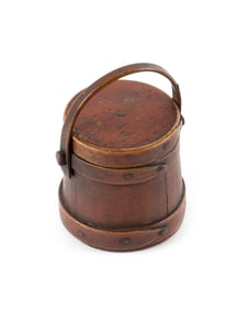 COTTON HERSEY MINIATURE RED PAINTED FIRKIN Hingham, Massachusetts, 19th Century Height 2.25".