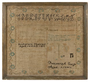 NEEDLEWORK SAMPLER AND FAMILY RECORD WROUGHT BY BETSEY A. GARDNER Hingham, Massachusetts, Early 19th