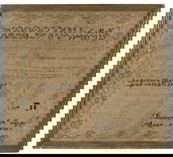 NEEDLEWORK SAMPLER AND FAMILY RECORD WROUGHT BY BETSEY A. GARDNER Hingham, Massachusetts, Early 19th: NEEDLEWORK SAMPLER AND FAMILY RECORD WROUGHT BY BETSEY A. GARDNERHingham, Massachusetts, Early 19th CenturyRows of alphabets and numerals above the family record, noting the marriage of Betsey's paren