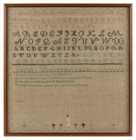NEEDLEWORK SAMPLER WROUGHT BY SARAH BATCHELDER Hingham, Massachusetts, 19th Century 17" x 16.5".