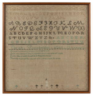 NEEDLEWORK SAMPLER WROUGHT BY SARAH BATCHELDER Hingham, Massachusetts, 19th Century 17" x 16.5".: NEEDLEWORK SAMPLER WROUGHT BY SARAH BATCHELDERHingham, Massachusetts, 19th CenturyRows of alphabets above maker's inscription "Sarah Batchelder aged 12 years" and a verse. Stylized sawtooth exterior b