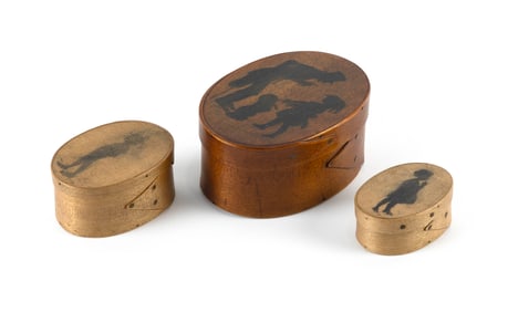 NEST OF THREE SAMUEL HERSEY MINIATURE PANTRY BOXES WITH FAMILY SILHOUETTES ON LIDS Hingham,