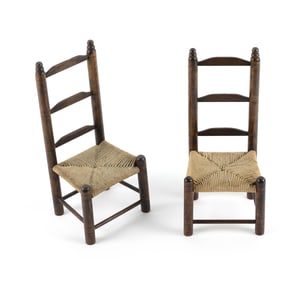 PAIR OF LORING HERSEY CUSHING MINIATURE LADDERBACK RUSH-SEAT CHAIRS Hingham, Massachusetts, Early