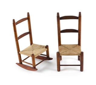TWO LORING HERSEY CUSHING MINIATURE LADDERBACK RUSH-SEAT CHAIRS Hingham, Massachusetts, Early 20th